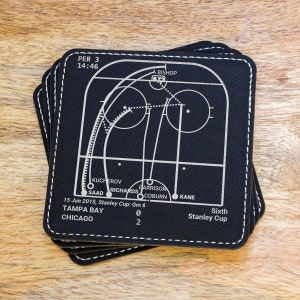 May include: Black leather coasters with a white hockey game play diagram. The text on the coasters reads "PER 3 14:46 BISHOP KUCHEROV GARRISON RICHARDS SAAD COBURN KANE 15 Jun 2015, Stanley Cup: Gm 6 TAMPA BAY 0 CHICAGO 2 Sixth Stanley Cup".