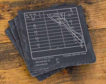 May include: A stack of square dark gray slate coasters featuring an etched white graphic of a football field play diagram. The text reads 4Q 00:00 4th & 2, 17 Oct 2015, Reg Season, 7 MICHIGAN ST 27, 12 MICHIGAN 23, and Trouble with the snap.