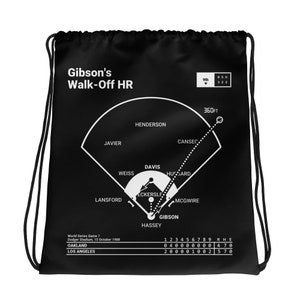 May include: Black drawstring bag featuring a baseball diagram of Gibson's Walk-Off HR. The diagram shows player positions and the ball's trajectory, with text including "Dodger Stadium, 15 October 1988" and a game score.