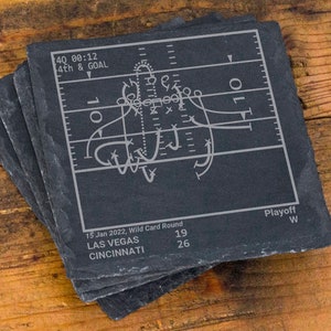 May include: A set of four black slate coasters featuring a football play diagram with the text "40 00:12 4th & GOAL". The coasters also include the text "15 Jan 2022, Wild Card Round LAS VEGAS 19 CINCINNATI 26 Playoff W".