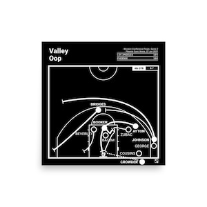 May include: A black and white illustration of a basketball play, showing the positions of players on the court. The play is called "Valley Oop" and features players like Booker, Bridges, Ayton, and Crowder. The score is 103 to 104, with the game in overtime.
