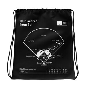 Puede incluir: Mochila negra con cordón de ajuste con un gráfico blanco de un diamante de béisbol que muestra una jugada por jugada de un partido de béisbol. El texto "Cain scores from 1st" está en la parte superior de la mochila. El texto "ALCS: Game 6 Kaufman Stadium, 23 October 2015" está en la parte inferior de la mochila. Los textos "TORONTO" y "KANSAS CITY" están debajo de la fecha.