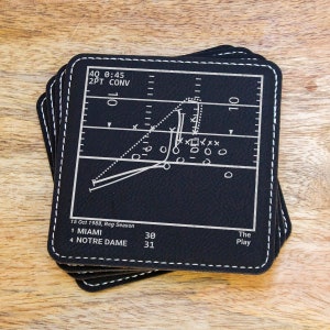 May include: A black leather coaster with a white stitched border features a football play diagram. The diagram shows the play from the 1988 game between Miami and Notre Dame. The text on the coaster reads "40 0:45 2PT CONV", "10", "10", "15 Oct 1988, Reg Season", "1 MIAMI 30", "4 NOTRE DAME 31", "The Play".