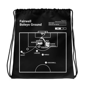 Puede incluir: Una ilustración en blanco y negro de un campo de fútbol con jugadores en posiciones. El texto "Fairwell Boleyn Ground" está en la parte superior de la imagen. El texto "West Ham" y "Manchester United" están listados con puntuaciones de 3 y 2 respectivamente. El texto "Matchday 38" y "Boleyn Ground, 10 May 2016" también están incluidos.
