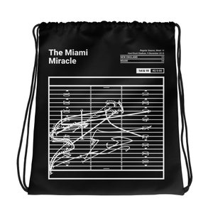 May include: Black drawstring bag with a white graphic of a football play on a field. The text "The Miami Miracle" is at the top of the bag. The text "Regular Season, Week 14" and "Hard Rock Stadium, 9 December 2018" is at the top right corner of the bag. The text "NEW ENGLAND 33" and "MIAMI 34" is below the text. The text "1st & 10 40 0:00" is at the bottom right corner of the bag.