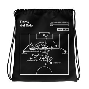 Puede incluir: Bolsa con cordón negra con un gráfico blanco que representa un diagrama de juego de fútbol del partido "Derby del Sole". El diagrama incluye nombres de jugadores y el marcador. La bolsa tiene cordones blancos.