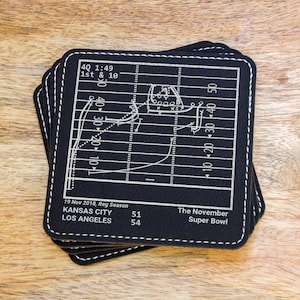 May include: A set of four black leather coasters with a white stitched border. Each coaster features a football field diagram with a play drawn on it. The text on the coaster reads "19 Nov 2018, Reg Season, KANSAS CITY 51, LOS ANGELES 54, The November Super Bowl".