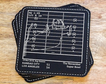 May include: A set of four black leather coasters with a white stitched border. Each coaster features a football field diagram with a play drawn on it. The text on the coaster reads "19 Nov 2018, Reg Season, KANSAS CITY 51, LOS ANGELES 54, The November Super Bowl".