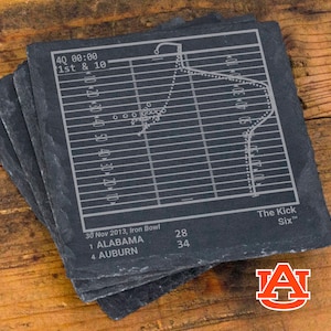 May include: A set of four black slate coasters with a white football field design and the text "The Kick Six" and "30 Nov 2013, Iron Bowl 1 ALABAMA 28 4 AUBURN 34".
