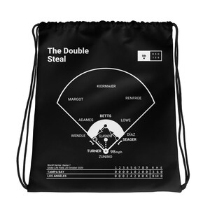 Puede incluir: Bolsa de cordón negro con un gráfico de diamante de béisbol blanco. El gráfico incluye los nombres de los jugadores, las posiciones y una tarjeta de puntuación. El texto "The Double Steal" está en la parte superior de la bolsa.