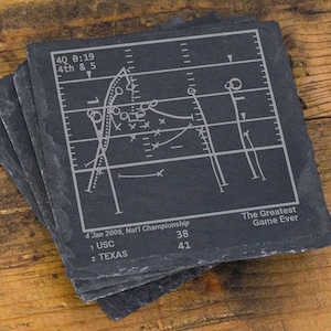 May include: A set of square dark gray slate coasters featuring an engraved white American football play diagram. The text reads 4Q 0:19 4th & 5, 4 Jan 2006, Nat'l Championship, 1 USC 38, 2 TEXAS 41, and The Greatest Game Ever in white lettering.