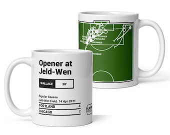 May include: Two white ceramic mugs featuring soccer-themed graphics. One mug displays the text Opener at Jeld-Wen, Wallace 38', and match details. The other mug shows a green soccer field diagram with player names and tactical lines.