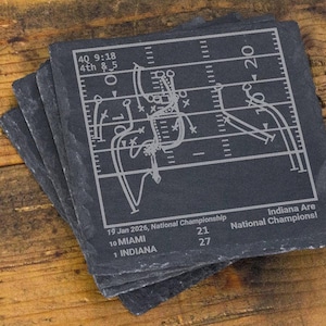 May include: A stack of dark gray slate coasters with a football play diagram etched in white. The coasters also display game details: time, down, and score from a National Championship game.