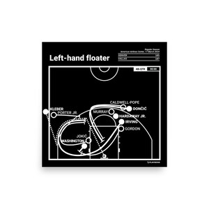 Pode incluir: Um diagrama de jogo de basquete em preto e branco com o texto "Left-hand floater" no topo. O diagrama mostra o movimento dos jogadores na quadra durante um jogo de basquete. Os nomes dos jogadores são listados ao lado de suas posições na quadra. O texto "4th QTR 00:00" está no topo do diagrama.