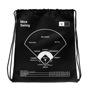 May include: Black drawstring bag with a white baseball diamond graphic. The graphic includes player names and positions, as well as a scorecard. The text "Nice Swing" is at the top of the bag.