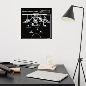 May include: A black and white poster featuring a soccer play diagram with the text Somos Finalistas, carajo! and player names including Messi, Alvarez, and Martinez. The graphic displays a tactical field layout with movement lines and player positions.