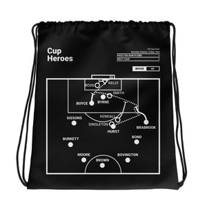 Puede incluir: Bolsa con cordón negra con un gráfico blanco que representa un diagrama de juego de fútbol. El texto incluye "Cup Heroes", nombres de equipos y la fecha "2 de mayo de 1964". La bolsa tiene cordones blancos.