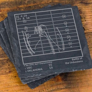 May include: Black slate coasters with a white engraved football play diagram. The play is from the 2005 National Championship game between USC and Oklahoma. The score is USC 55, Oklahoma 19. The text "Battle of the Unbeatens" is also engraved on the coasters.