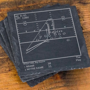 May include: A set of four black slate coasters featuring a football play diagram with the text "40 0:45 2PT CONV" and "15 Oct 1988, Reg Season 1 MIAMI 30 4 NOTRE DAME 31 The Play".