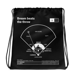 Puede incluir: Mochila negra con cordón de ajuste con un gráfico de diamante de béisbol blanco y el texto "Bream beats the throw". El gráfico muestra los nombres de los jugadores y el marcador del juego. El texto "NLCS: Game 7" y "Atlanta-Fulton County Stadium, 14 Oct 1992" también está incluido.
