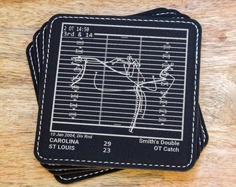 May include: A set of four black leather coasters with a white stitched border. Each coaster features a football field diagram with a play drawn on it. The text "2 OT 14:50", "3rd & 14", "10 Jan 2004, Div Rnd", "CAROLINA", "ST LOUIS", "29", "23", "Smith's Double", and "OT Catch" is printed on the coasters.