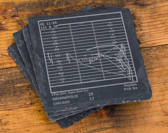 May include: A set of four black slate coasters featuring a football play diagram with the text "40 11:44 1st & 10" and "4 Feb 2007, Super Bowl XLI INDIANAPOLIS 29 CHICAGO 17 Hayden Pick Six".