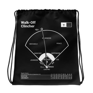 Puede incluir: Mochila negra con cordón de ajuste con un gráfico de diamante de béisbol blanco. El gráfico muestra el marcador de un partido de béisbol con el texto "Walk-Off Clincher" en la parte superior. El marcador es Houston 27 y Cincinnati 36.