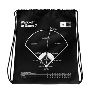 Puede incluir: Bolsa con cordón negra con un diagrama de campo de béisbol y el texto "Walk-off to Game 7". El diseño incluye nombres de jugadores y la trayectoria de una pelota. También se muestran las estadísticas del juego para Texas y St. Louis.