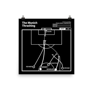 Puede incluir: Una ilustración en blanco y negro de un partido de fútbol, que muestra el desarrollo del juego de un gol marcado por Inglaterra contra Alemania. La ilustración muestra las posiciones de los jugadores en el campo y la trayectoria del balón. El texto "The Munich Thrashing" está en la parte superior de la ilustración. El texto "World Cup Qualifiers" está en la parte superior de la ilustración. El texto "Olympic Stadium, 1 September 2001" está en la parte superior de la ilustración. El texto "Germany" está en la parte superior de la ilustración. El texto "England" está en la parte superior de la ilustración. El texto "Heskey 74" está en la parte superior de la ilustración. El texto "Kahn" está en el centro de la ilustración. El texto "Nowotny" está en el centro de la ilustración. El texto "Böhme" está en la parte inferior de la ilustración. El texto "Rehmer" está en la parte inferior de la ilustración. El texto "Heskey" está en la parte inferior de la ilustración. El texto "Scholes" está en la parte inferior de la ilustración.