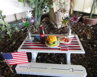 Miniature Patriotic Picnic Table USA Flag Memorial Day 4th of July fairy garden decor