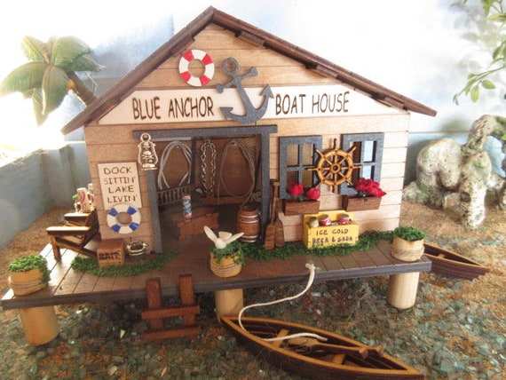 Fairy Garden Miniature Blue Anchor Boat House Fishing Dock Fairy Decor  Accessories 