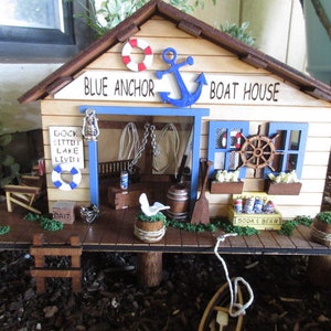 Fairy Garden Miniature Blue Anchor Boat House Fishing Dock fairy decor accessories