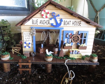 Fairy Garden Miniature Blue Anchor Boat House Fishing Dock fairy decor accessories