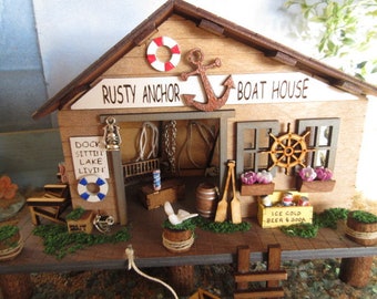 Fairy Garden Miniature Rusty Anchor Boat House Fishing Dock fairy decor accessories