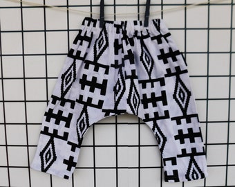 Black and white, African, geometric patterned baby harem pants, sarouel for toddlers 12-18 months