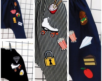 Japanese selvedge denim harem pants with kawaii patches