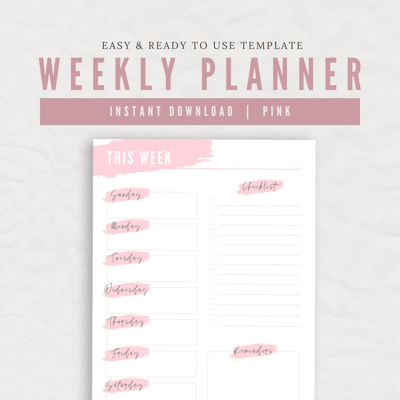 Simple Weekly Planner Pink Weekly Planner Minimalist Weekly Planner ...