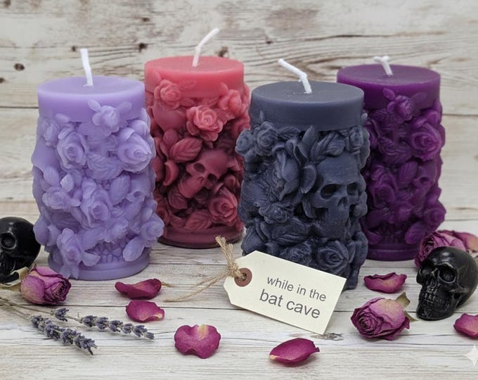 Skull Rose Beeswax Pillar Candle: Gothic Altar Decor