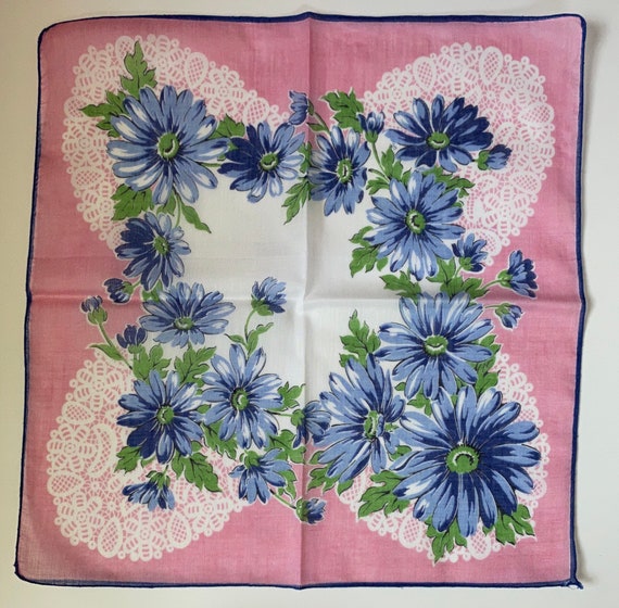 Vintage Blue Floral Printed Lacey Hankie - image 2