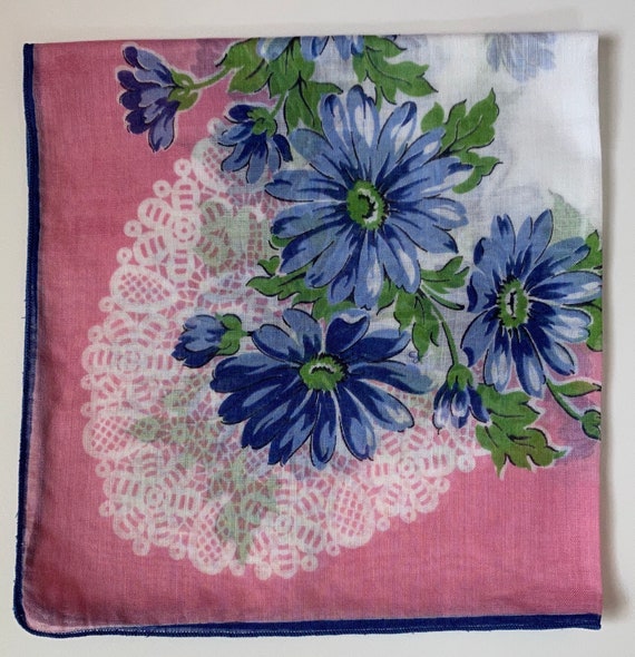 Vintage Blue Floral Printed Lacey Hankie - image 1