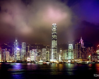 Fotografía de paisaje urbano: Hong Kong de noche, fotografía de decoración de pared de gran tamaño para el hogar y la oficina