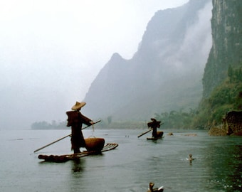 Fishing in the rain with cormorants, Yangshuo, Li River, China. Fine Art photography print. 5 x 7 inches