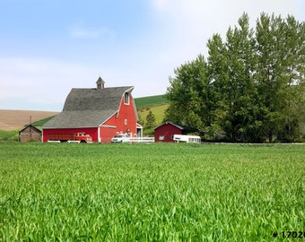 Nature Landscape photography - American Farmhouse and Red Barn, Home and Office poster size  Wall decor photograph