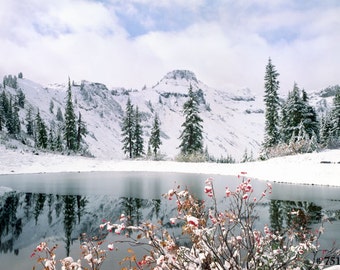Winter snow Mountain and lake. Winter scene photo for your home and office wall