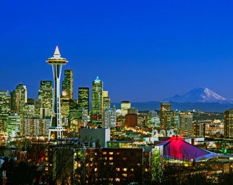 Cityscape photography - City of Seattle Skyline with Mount Rainier, Washington State, USA