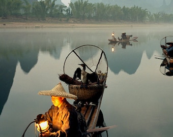 Travel photography - Chinese fishermen fishing with cormorant birds on Li River, Guilin, China. Oriental photographic print.