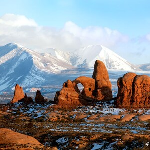 Nature Landscape photography - Arches National Park, Utah, Red rock, Snow mountain, Fine art wall decor for home and office.