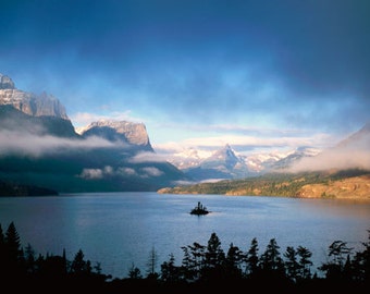 Panoramic film landscape photography - Glacier National Park. Montana, Wild Goose island, St Mary lake, large Fine art wall decor photo.