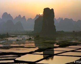 Sunrise over rice paddies, Yangshuo, China. Nature Landscape Midium format film photography