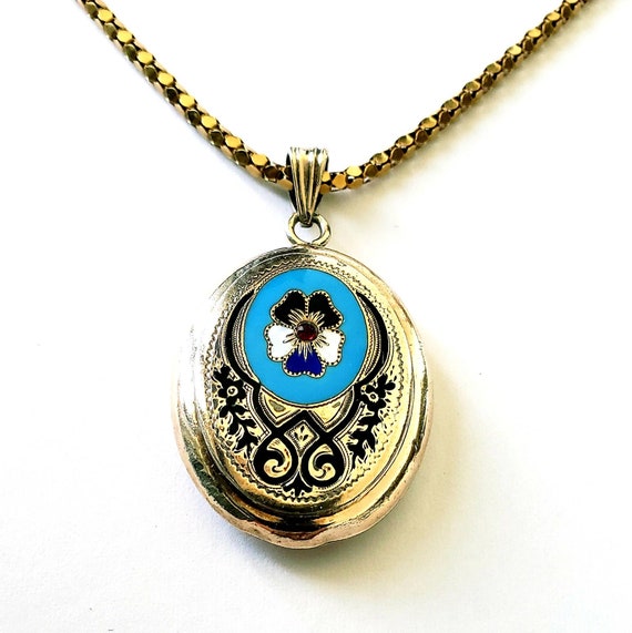 Victorian enamel locket | enamel pansy | 10k Pansy